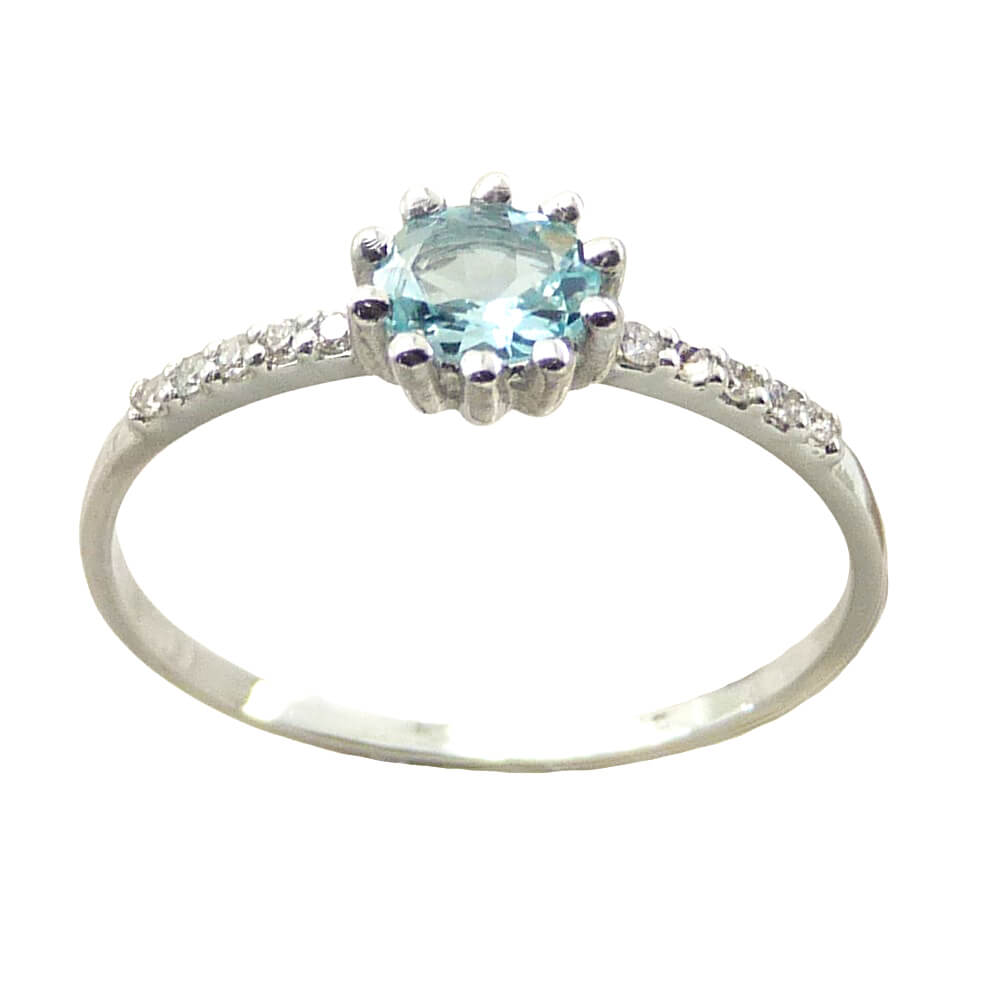 Anillo oval aguamarina 10 garras diamantes oro blanco 18k