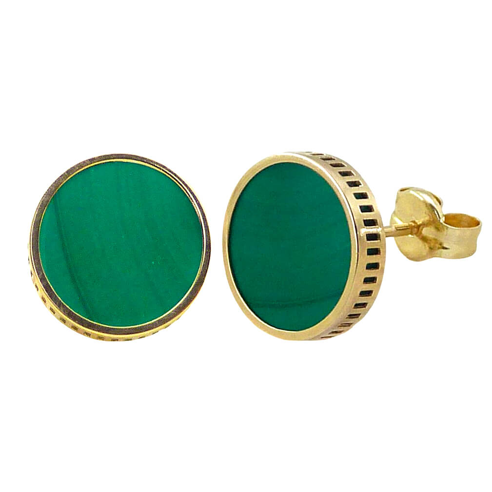 Pendientes redondos con malaquita verde oro 18k