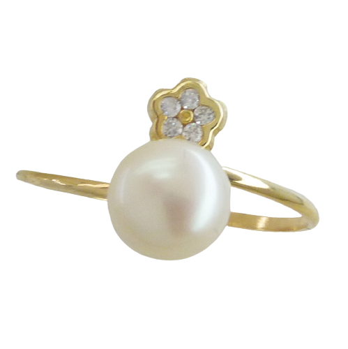 Anillo comunión fino flor y circonitas con perla natural oro 18k