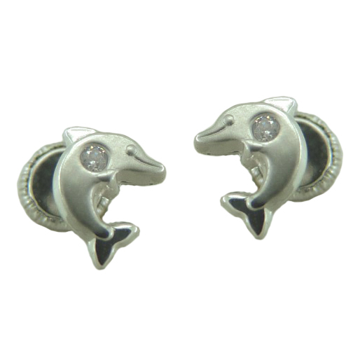 Pendientes delfín con circonita 7mm. oro blanco 18k