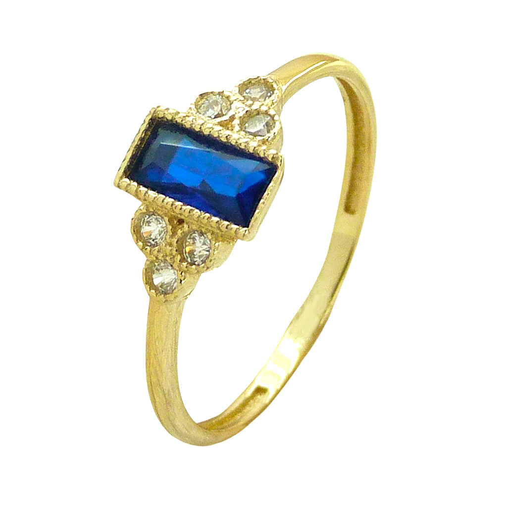 Anillo circonitas blancas y azul bocelado y tallado oro 18k