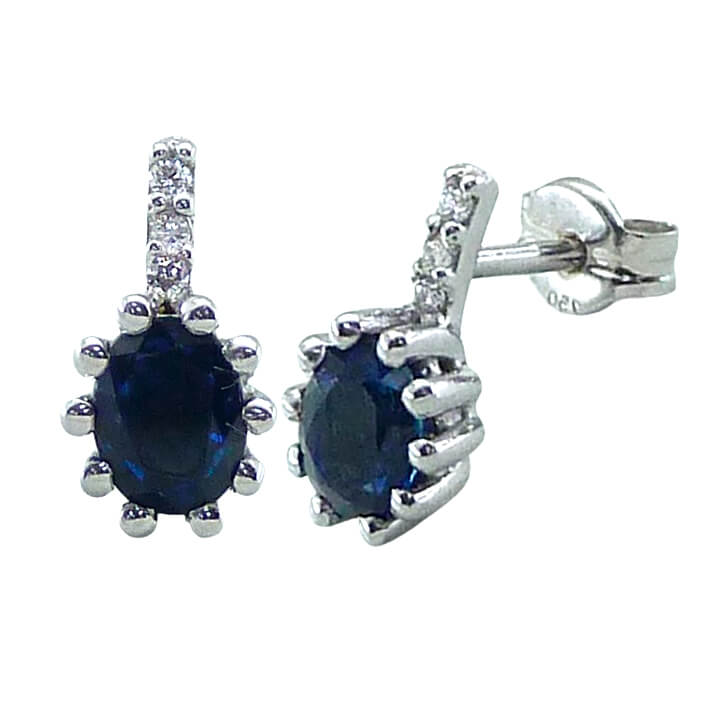 Pendientes zafiro oval 10 garras diamantes oro blanco 18k