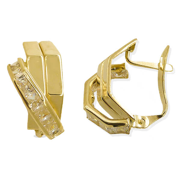 Pendientes tres bandas brillo y circonitas en oro 18k