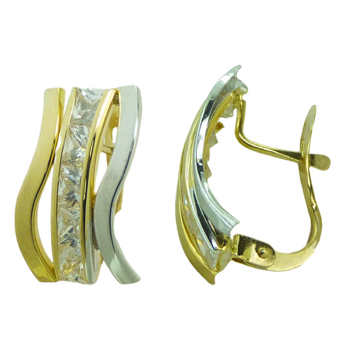 Pendientes bicolor bandas y circonitas carré oro 18k