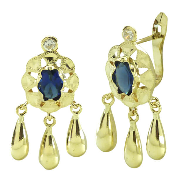 Pendientes cubana piedra color zafiro 3 lagrimas oro 18k