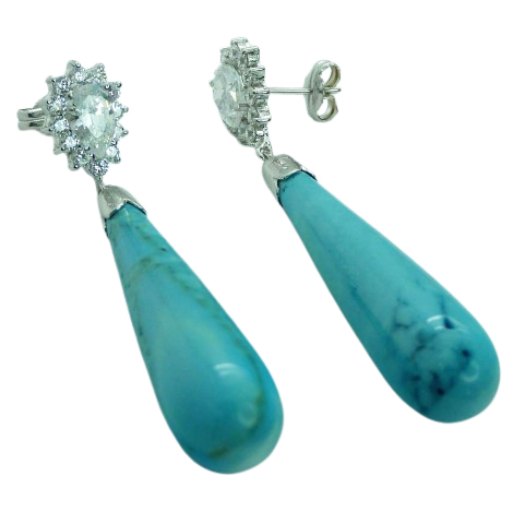 Pendientes cuajo circonitas y pera turquesa oro blanco 18k