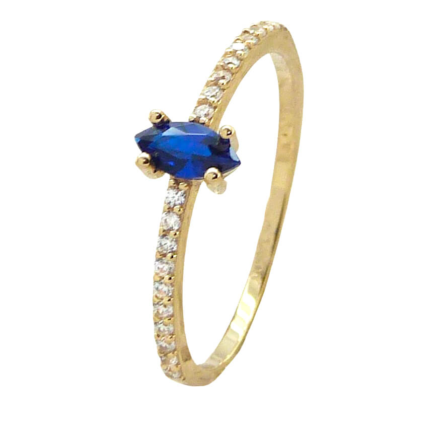 Anillo piedra marquesita azul circonitas oro 18k