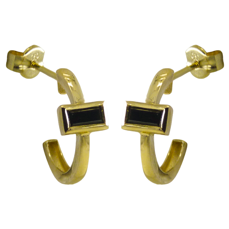 Pendiente medio aro 13mm con circonita baguette negra oro 18k