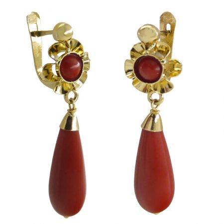 Pendientes arquillo chupon color coral medida 30mm.oro 18k