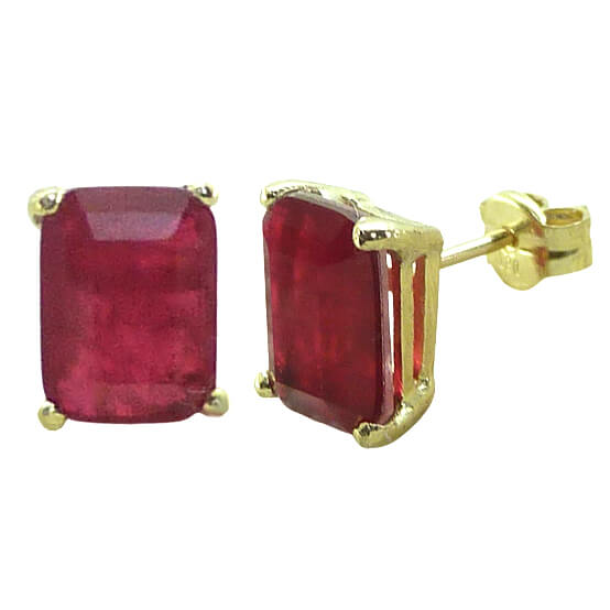 Pendientes cuarzo rectangular color rubí oro 18k