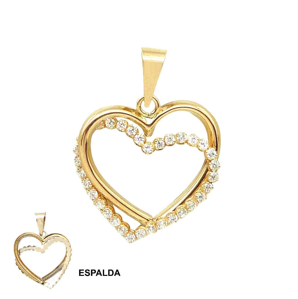 Colgante doble corazón brillo liso y circonitas oro 18k