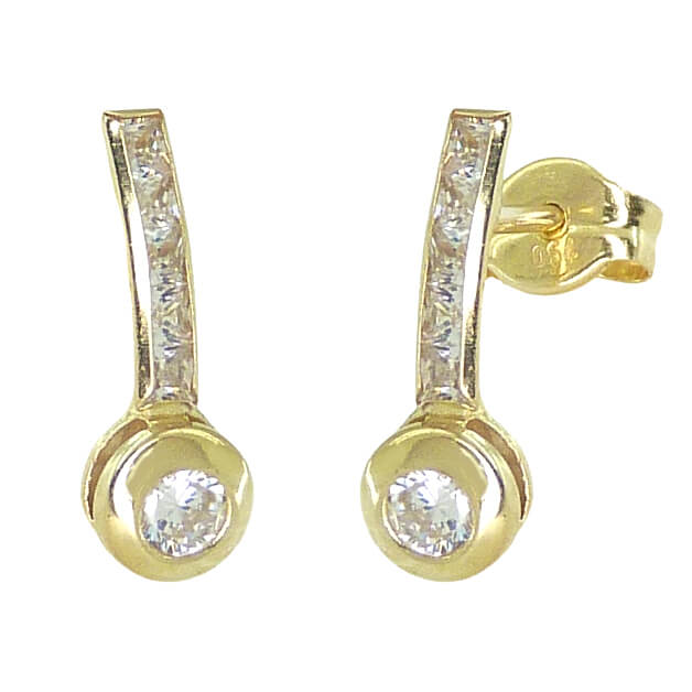 Pendientes barra de con circonitas y chatón oro 18k
