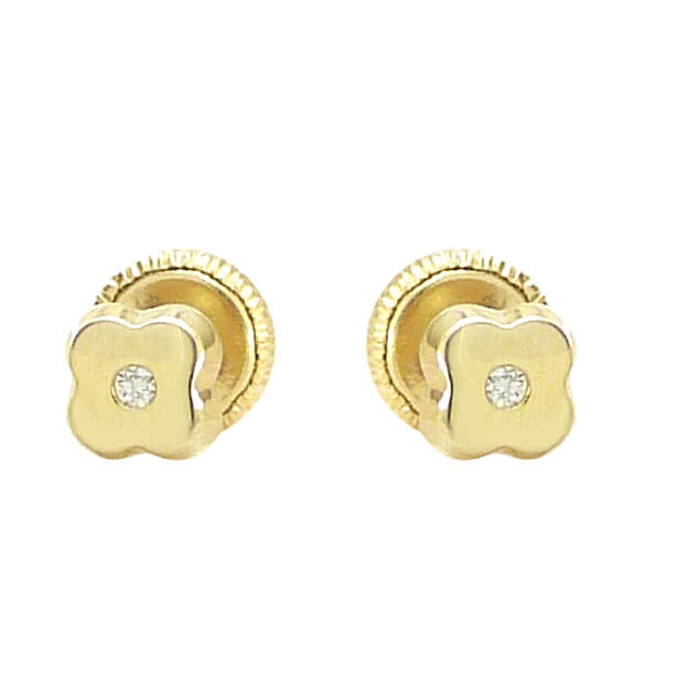 Pendientes flor lisa brillo con diamantes oro 18k
