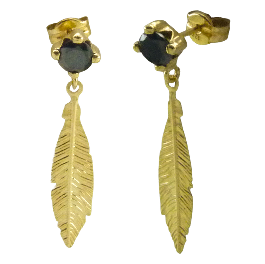 Pendientes pluma con circonita negra oro 18k