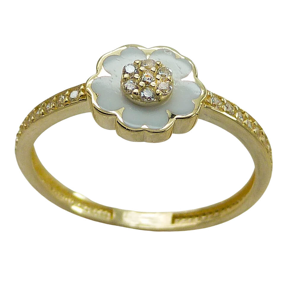 Anillo comunión flor esmalte y circonitas oro 18k