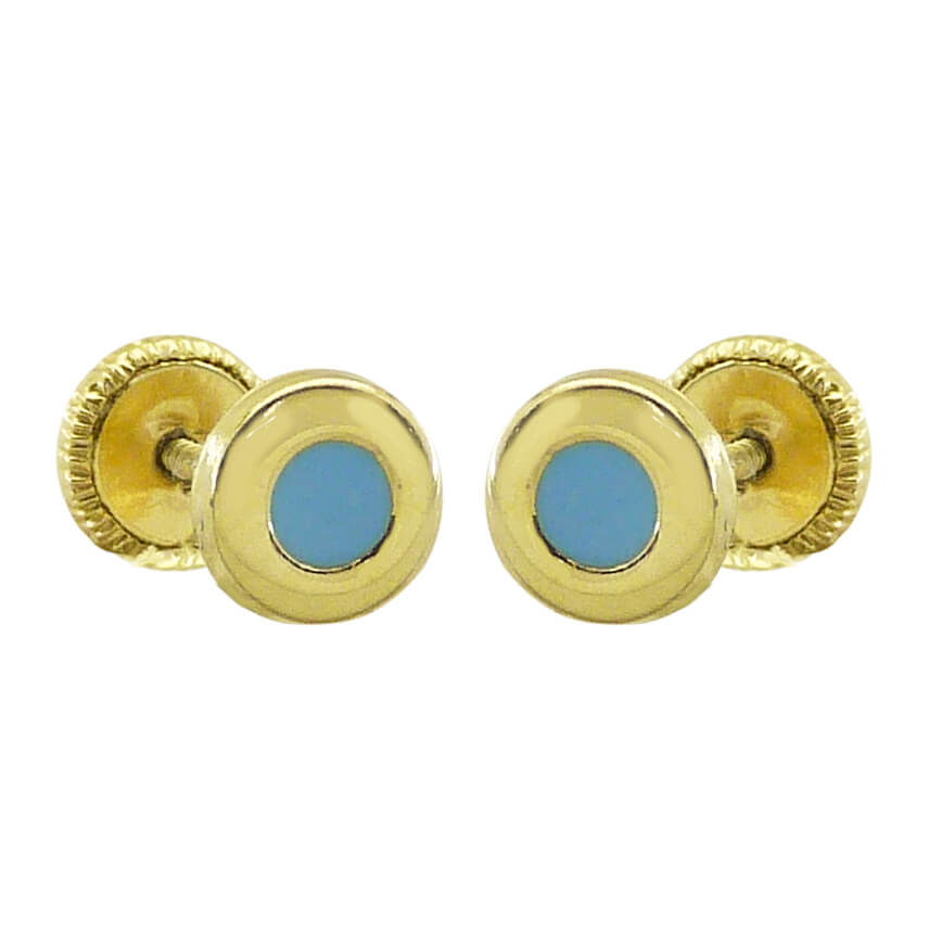 Pendientes chatón esmalte azul 5mm. oro 18k