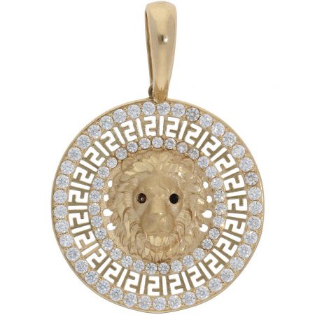 Colgante león calado greco circonitas 27mm. oro 18k