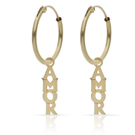 Aros lisos con abalorio AMOR oro 18k