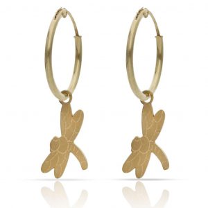 Aros lisos con abalorio de libélula oro 18k