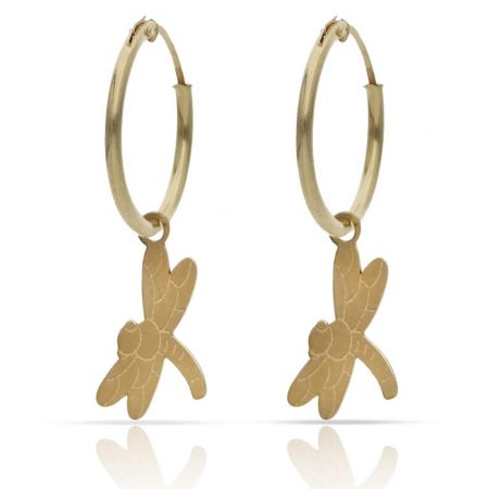 Aros lisos con abalorio de libélula oro 18k