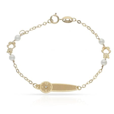 Esclava bebe con reloj, circonita perla y ositos en oro 18k