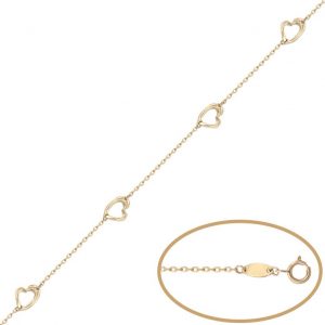 Pulsera fina corazones en oro de 18k