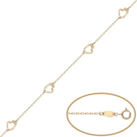 Pulsera fina corazones en oro de 18k