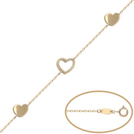 Pulsera fina corazones en oro de 18k