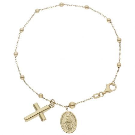 Pulsera rosario con cruz y medalla de la Milagrosa oro 18k