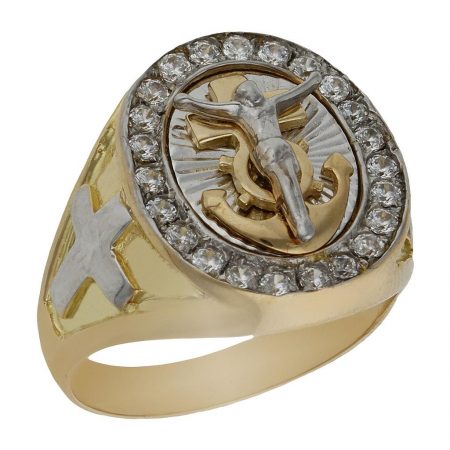 Sello bicolor cristo marinero circonitas oro 18k