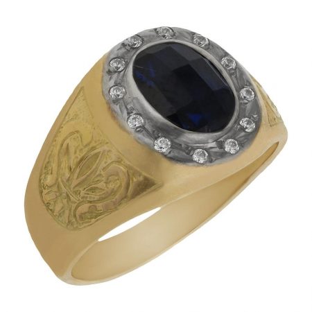 Sello bicolor piedra azul y circonitas oro 18k