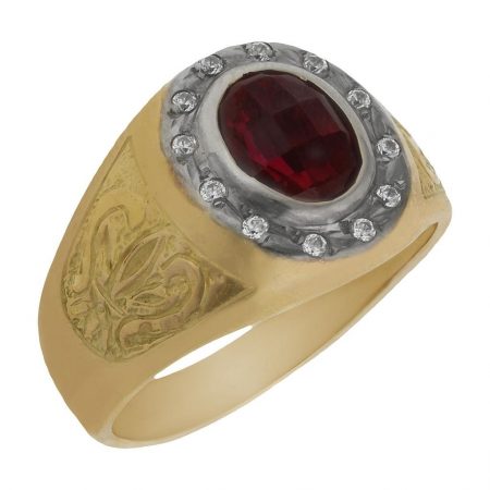 Sello bicolor piedra roja y circonitas oro 18k