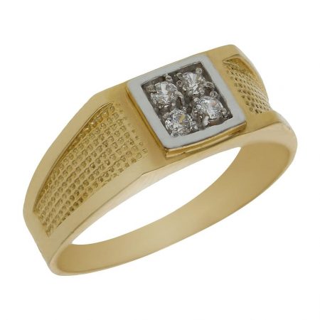 Solitario bicolor 4 circonitas tallado mate y brillo oro 18k