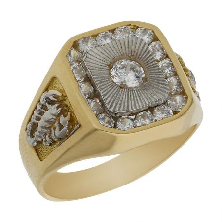 Solitario grande bicolor tallado escorpion circonitas oro 18k