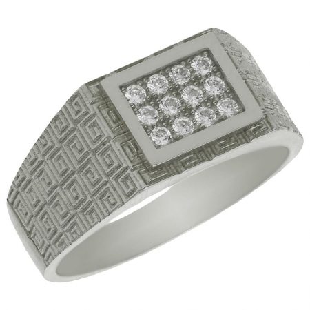 Solitario tallado en greco 12 circonitas oro blanco de 18k