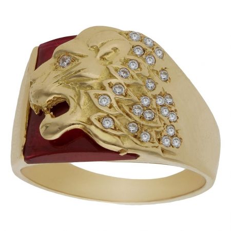 Sello piedra roja con leon y circonitas oro 18k