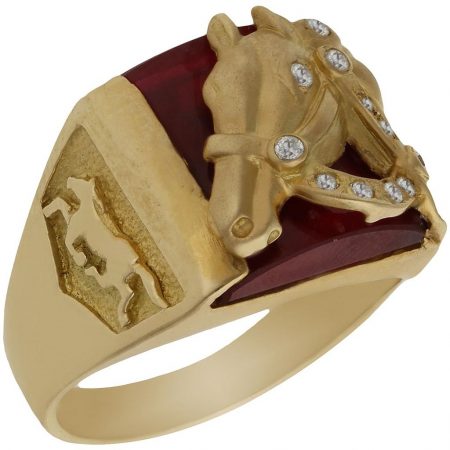 Sello piedra roja y caballo circonitas oro 18k