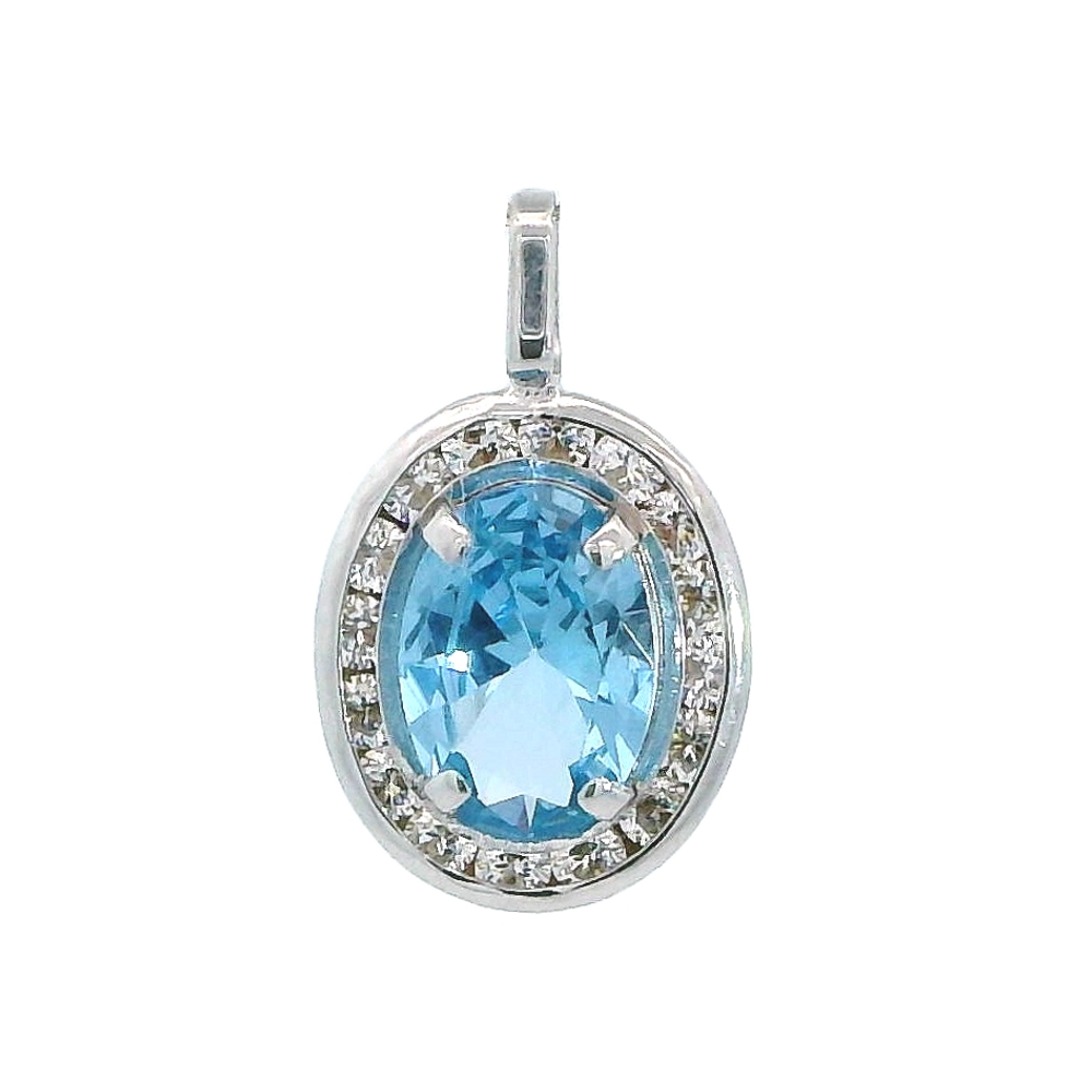 Colgante oval piedra color aguamarina circonitas 10MM. oro blanco 18k