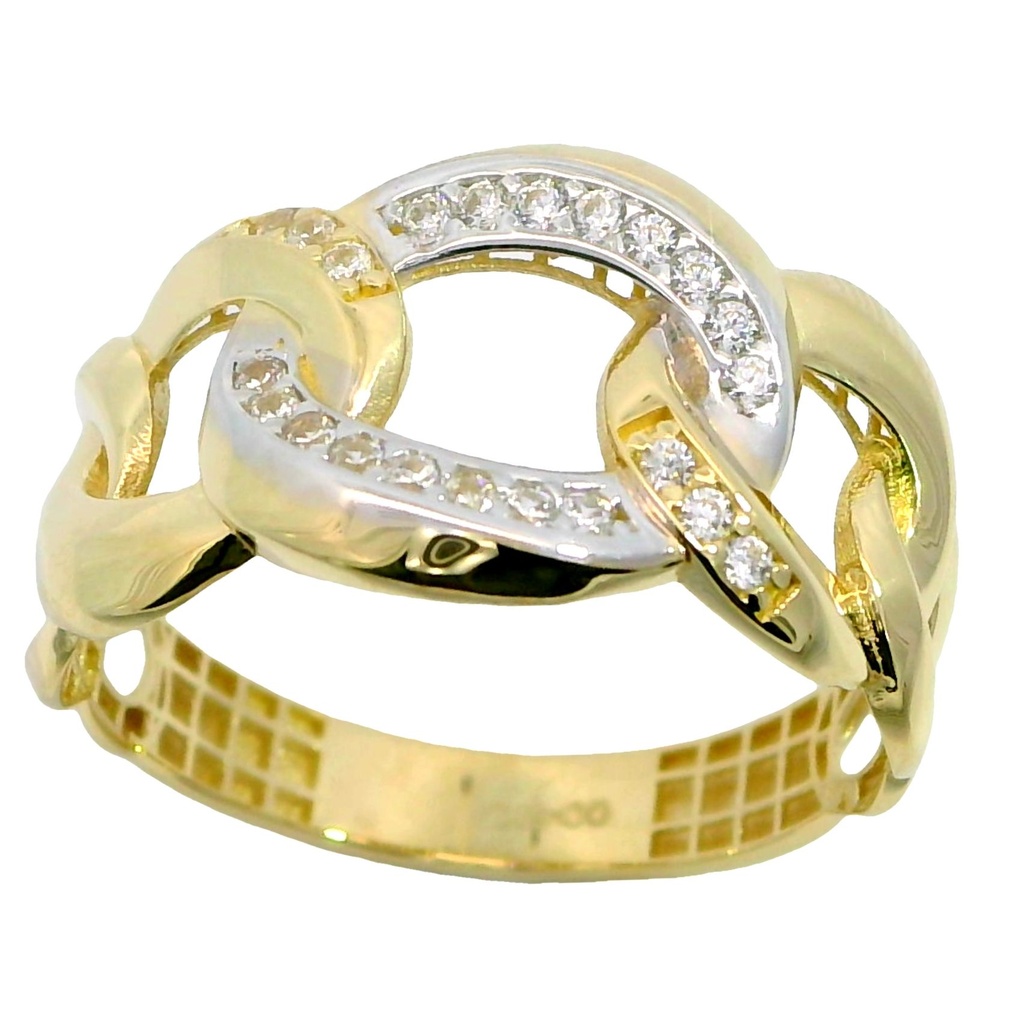 Anillo ancho calado eslabones bicolor y circonitas oro 18k