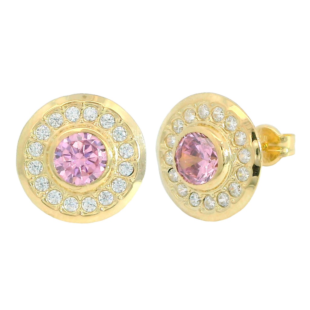 Pendientes redondos circonitas y piedra rosa oro 18k