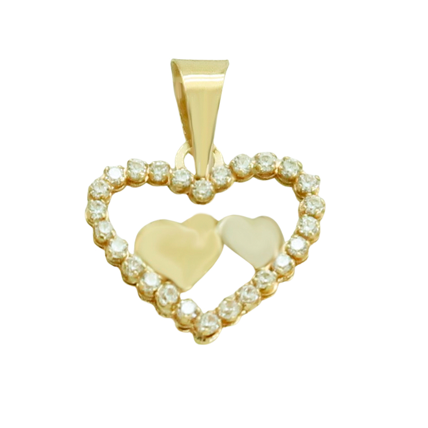 Colgante doble corazon bicolor de 12mm.circonitas en oro de 18k