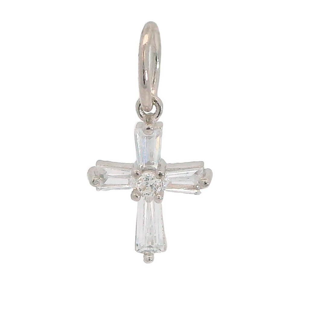 Colgante cruz piedras trapecio 13mm. oro blanco 18k