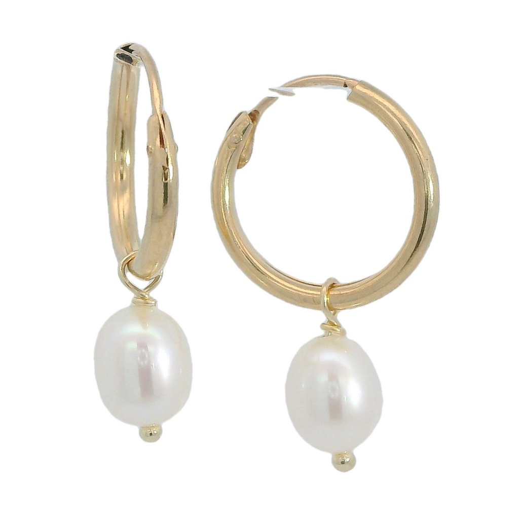 Pendientes aro tubo con perla en oro amarillo de 18k