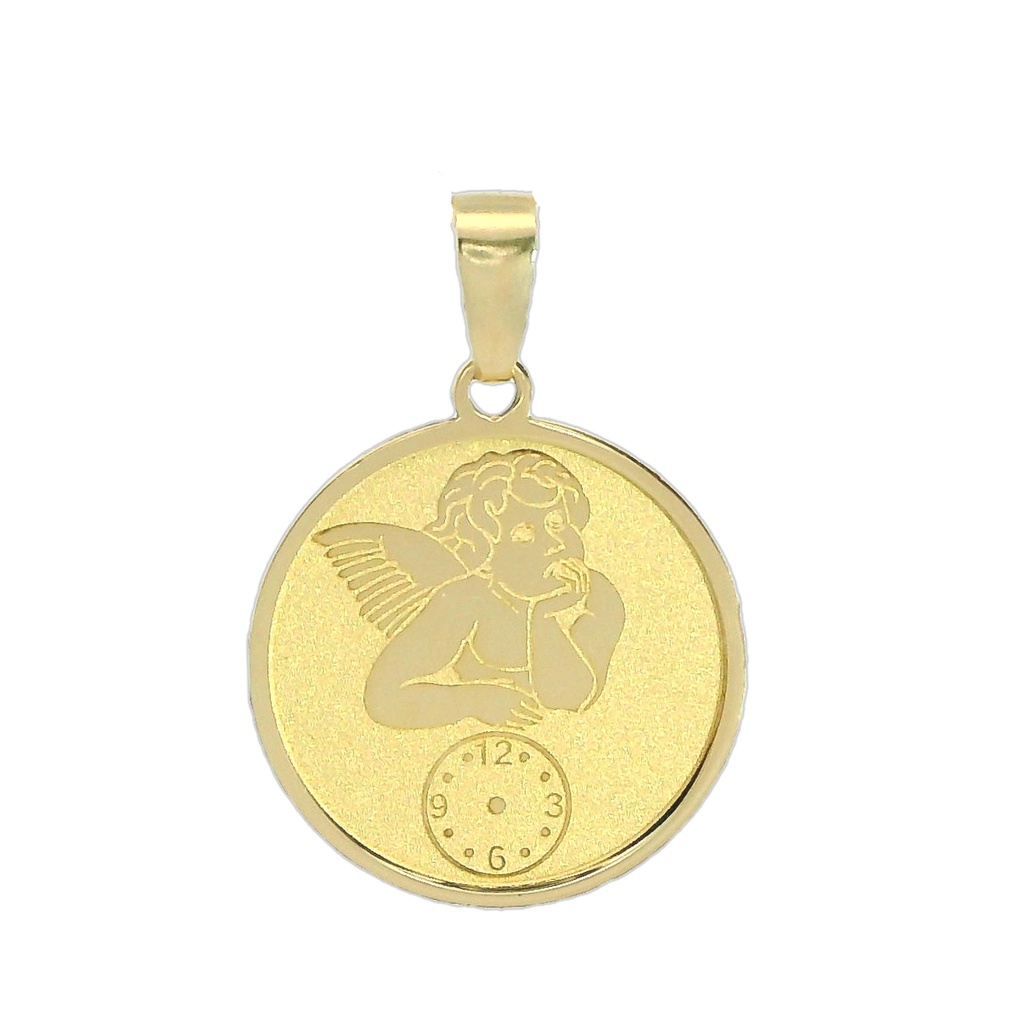 Colgante medalla con angelito y reloj d 14mm.en oro de 18k