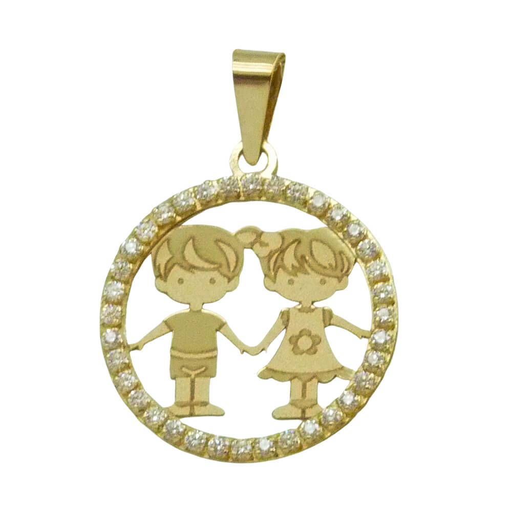 Colgante mama niña y niño con de circonitas de 15mm. oro 18k