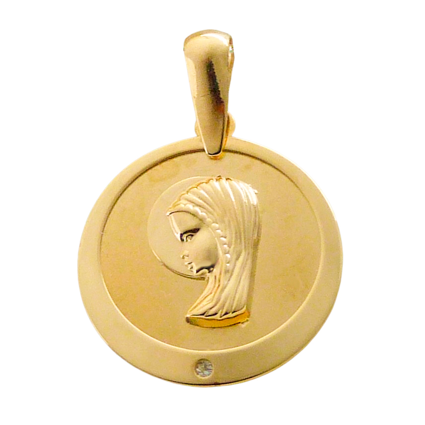 Medalla virgen niña brillo y mate 15MM. oro 18k