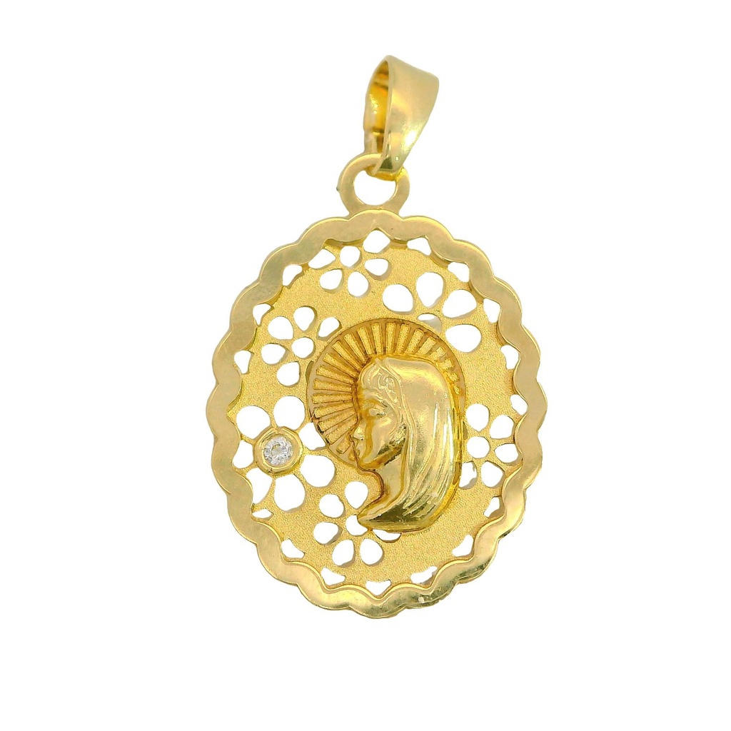Medalla virgen niña calada 16x12MM. circonita oro 18k