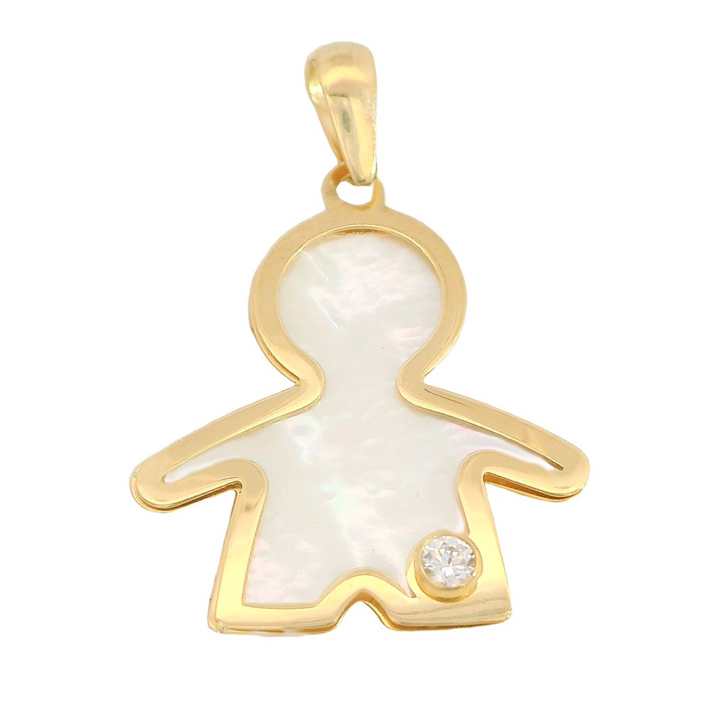Colgante fondo nácar niño circonita 20MM. oro 18k