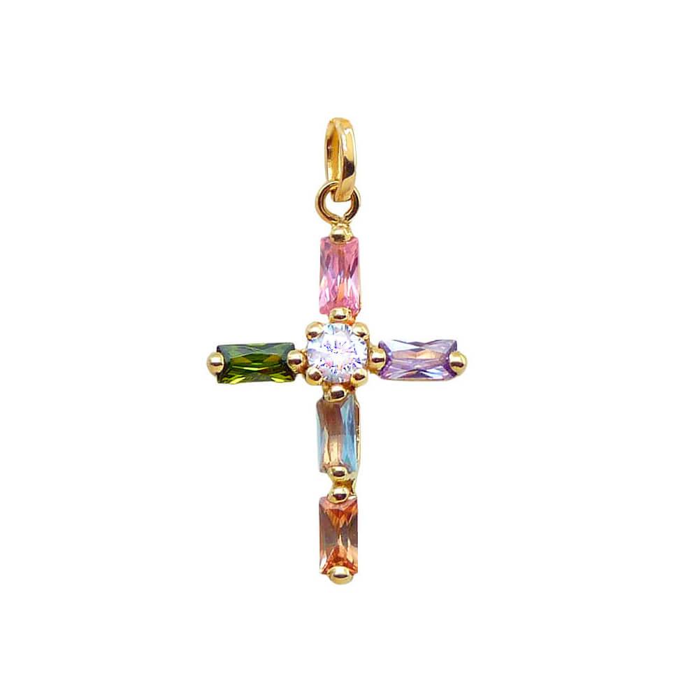 Colgante cruz con circonitas multicolor 20MM. oro 18k