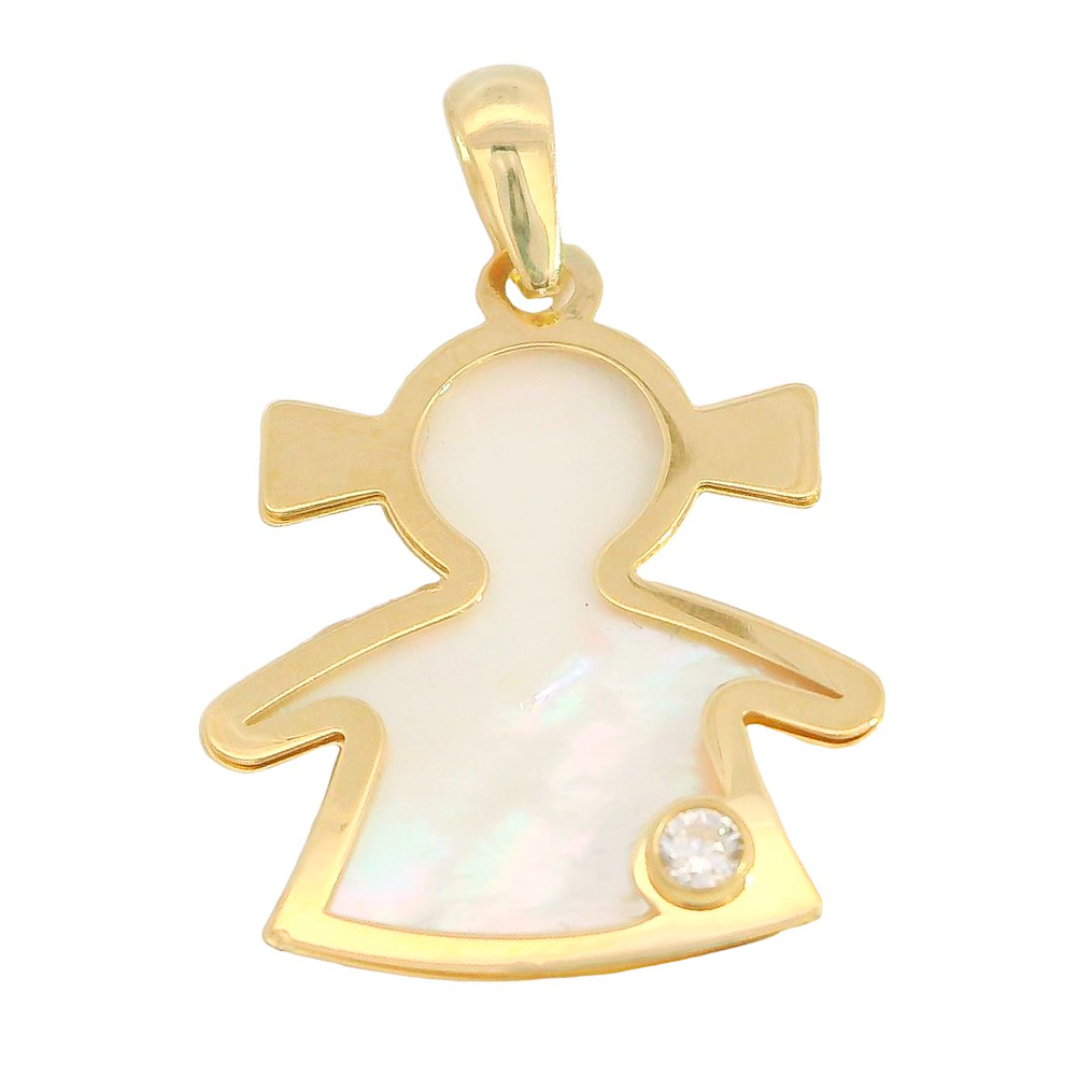 Colgante fondo de nácar niña circonita 20MM. oro 18k
